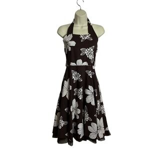 Rare Editions Size 16 Brown White Floral Print Halter Fit N Flare Dress Coquette